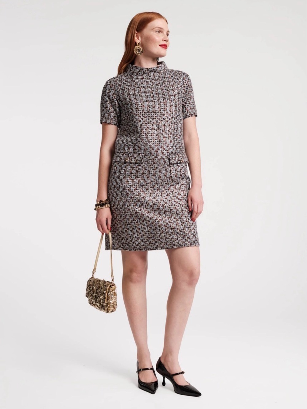 Frances Valentine Sarah Shift Dress Metallic Tweed Blue Gold NWT M